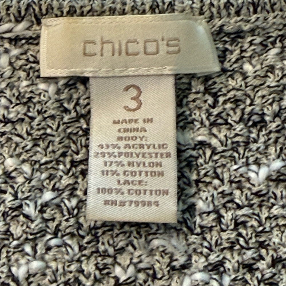 Chico's Boho Knit Open Sweater with crochet Trim and Fringe - Picture 7 of 7